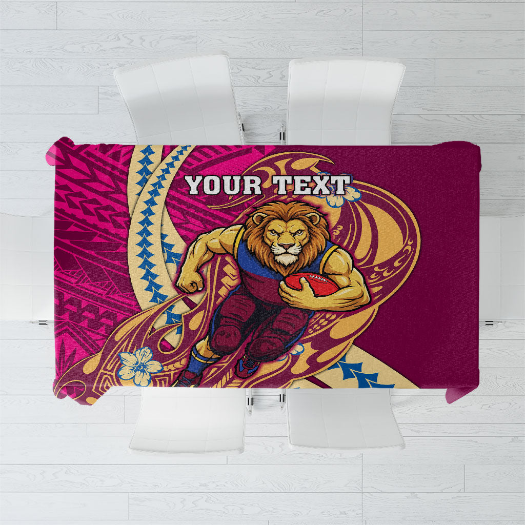 Personalized Brisbane Lions Tablecloth Polynesian Tribal Lion Mascot With Hibiscus Floral Art