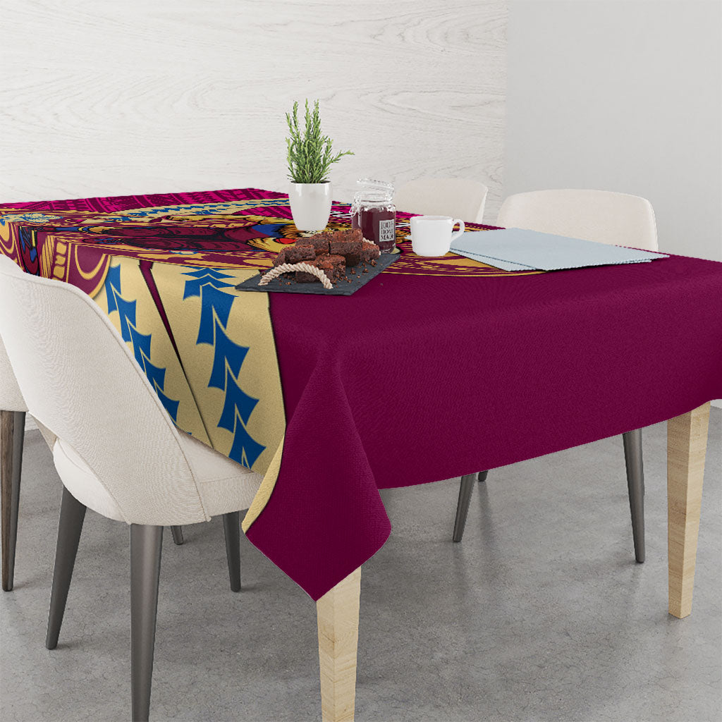 Personalized Brisbane Lions Tablecloth Polynesian Tribal Lion Mascot With Hibiscus Floral Art