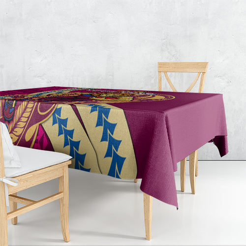 Personalized Brisbane Lions Tablecloth Polynesian Tribal Lion Mascot With Hibiscus Floral Art