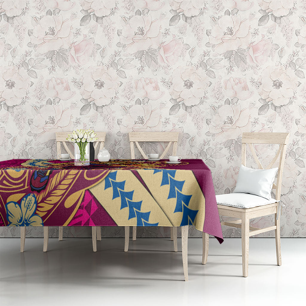 Personalized Brisbane Lions Tablecloth Polynesian Tribal Lion Mascot With Hibiscus Floral Art