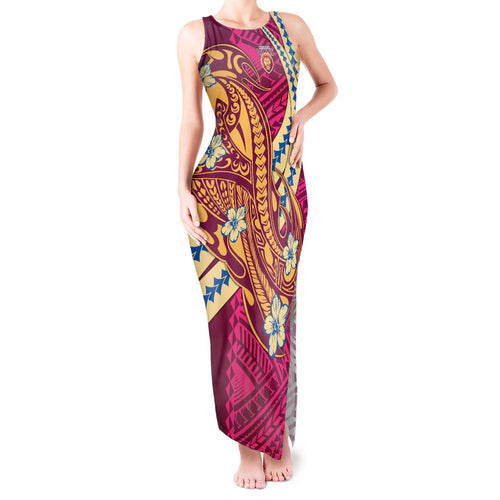 Personalized Brisbane Lions Tank Maxi Dress Polynesian Tribal Lion Mascot With Hibiscus Floral Art