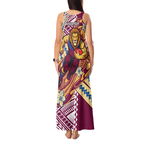 Personalized Brisbane Lions Tank Maxi Dress Polynesian Tribal Lion Mascot With Hibiscus Floral Art