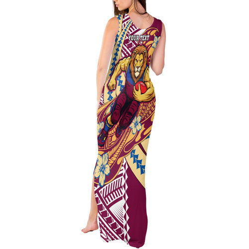 Personalized Brisbane Lions Tank Maxi Dress Polynesian Tribal Lion Mascot With Hibiscus Floral Art