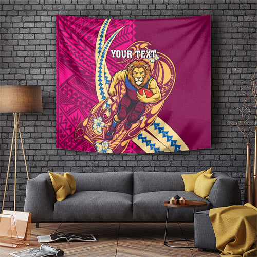 Personalized Brisbane Lions Tapestry Polynesian Tribal Lion Mascot With Hibiscus Floral Art