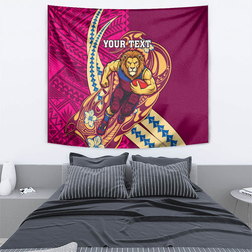 Personalized Brisbane Lions Tapestry Polynesian Tribal Lion Mascot With Hibiscus Floral Art