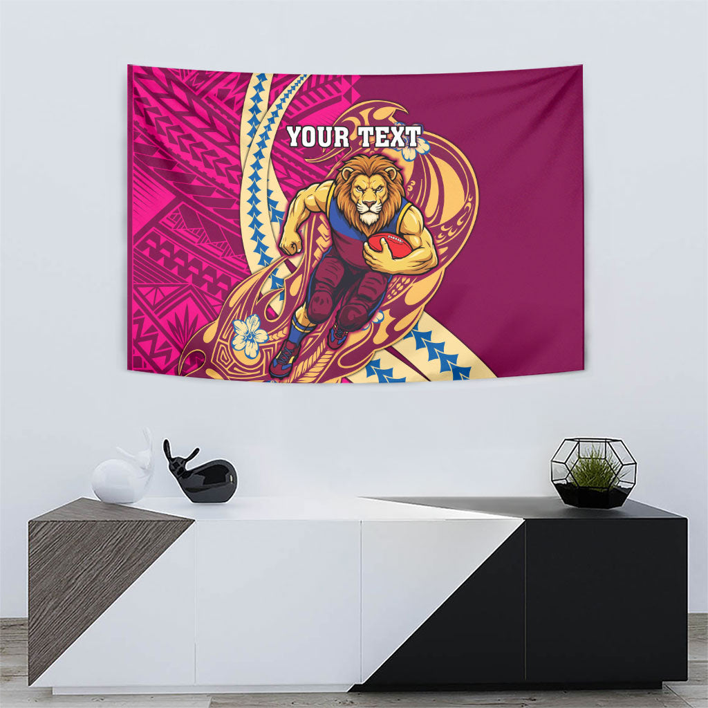 Personalized Brisbane Lions Tapestry Polynesian Tribal Lion Mascot With Hibiscus Floral Art