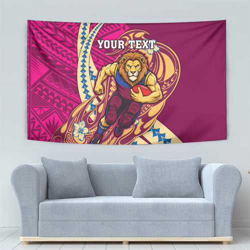 Personalized Brisbane Lions Tapestry Polynesian Tribal Lion Mascot With Hibiscus Floral Art
