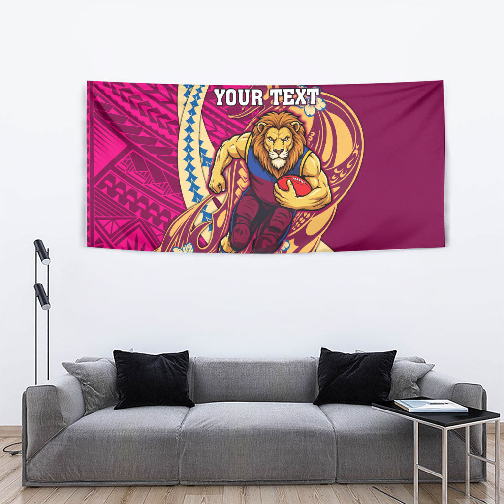 Personalized Brisbane Lions Tapestry Polynesian Tribal Lion Mascot With Hibiscus Floral Art