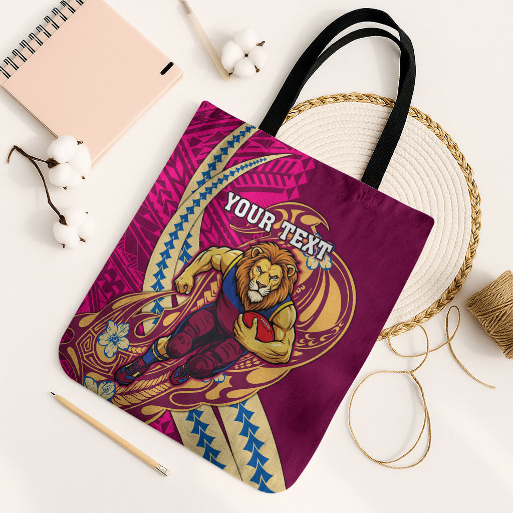Personalized Brisbane Lions Tote Bag Polynesian Tribal Lion Mascot With Hibiscus Floral Art