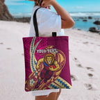 Personalized Brisbane Lions Tote Bag Polynesian Tribal Lion Mascot With Hibiscus Floral Art