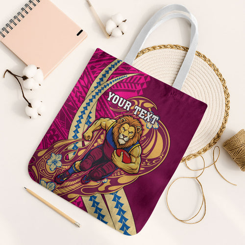 Personalized Brisbane Lions Tote Bag Polynesian Tribal Lion Mascot With Hibiscus Floral Art
