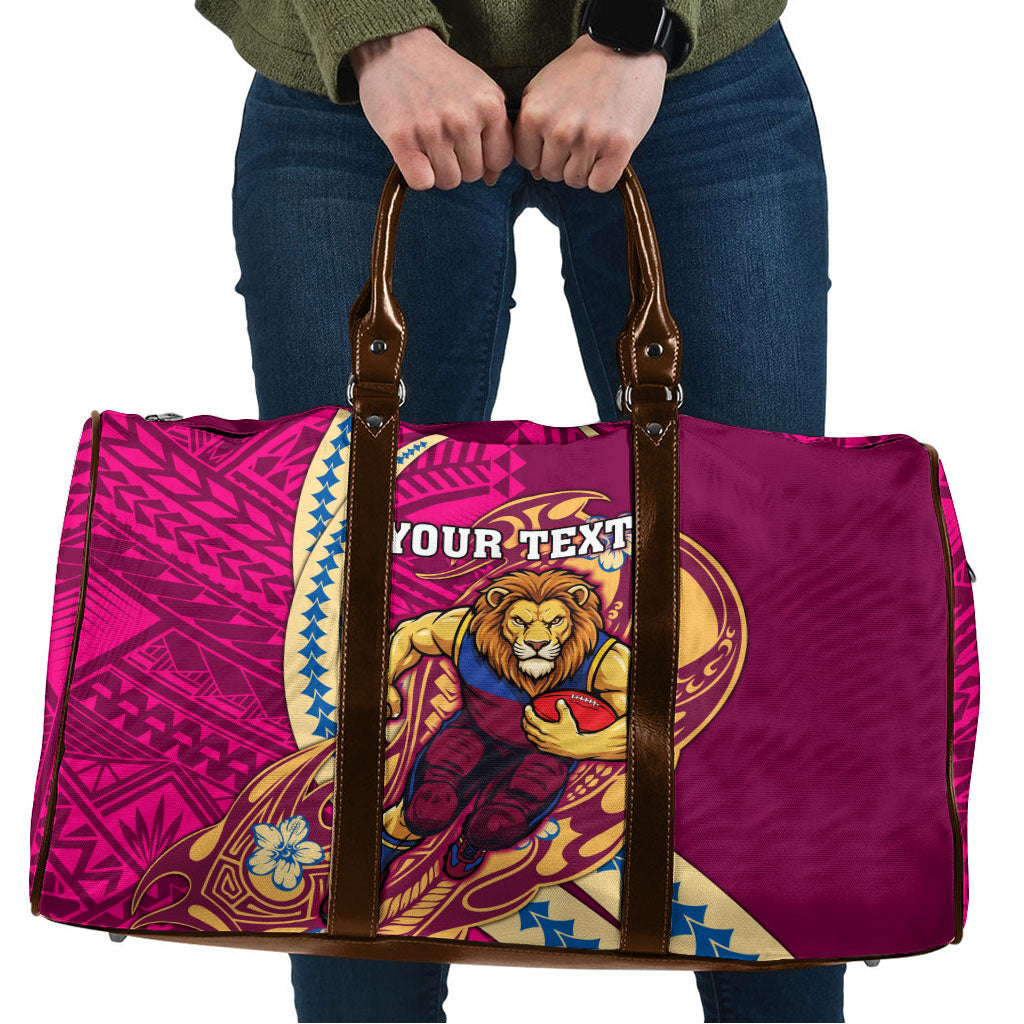 Personalized Brisbane Lions Travel Bag Polynesian Tribal Lion Mascot With Hibiscus Floral Art