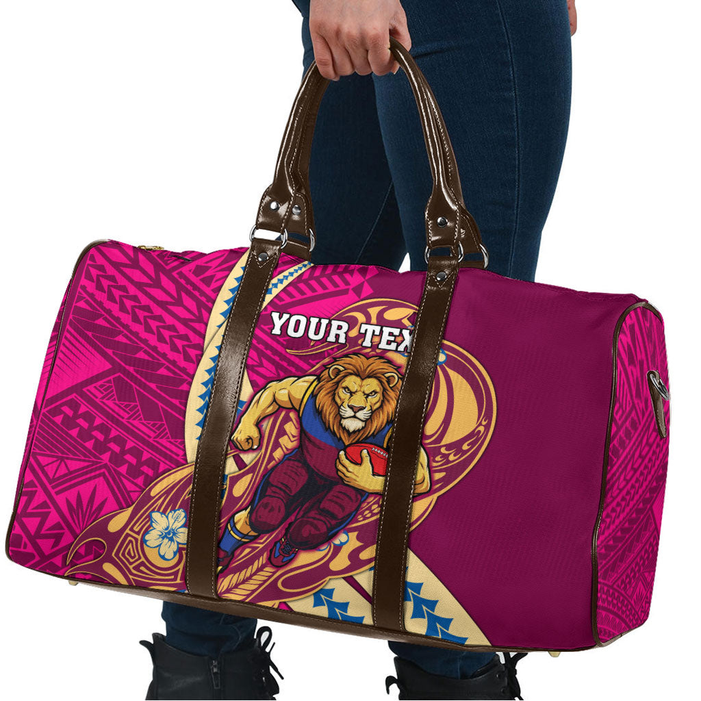 Personalized Brisbane Lions Travel Bag Polynesian Tribal Lion Mascot With Hibiscus Floral Art