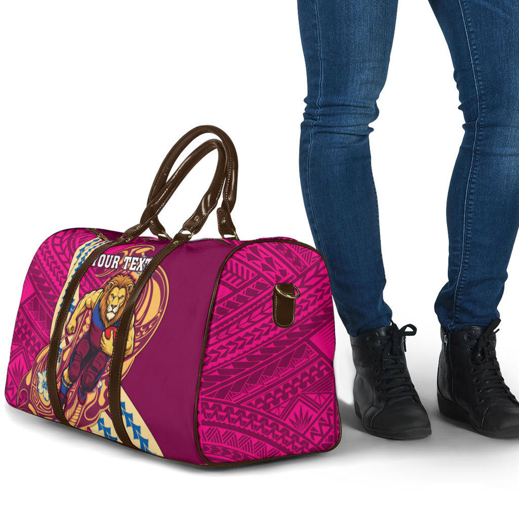 Personalized Brisbane Lions Travel Bag Polynesian Tribal Lion Mascot With Hibiscus Floral Art