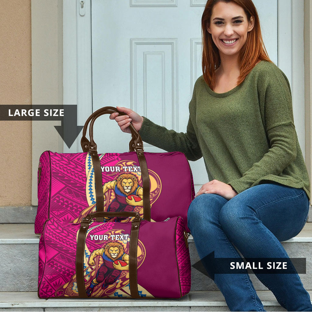 Personalized Brisbane Lions Travel Bag Polynesian Tribal Lion Mascot With Hibiscus Floral Art