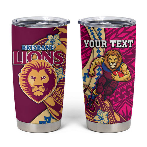 Personalized Brisbane Lions Tumbler Cup Polynesian Tribal Lion Mascot With Hibiscus Floral Art