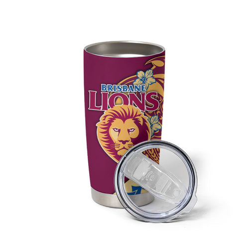Personalized Brisbane Lions Tumbler Cup Polynesian Tribal Lion Mascot With Hibiscus Floral Art
