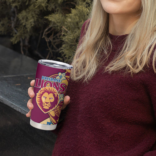 Personalized Brisbane Lions Tumbler Cup Polynesian Tribal Lion Mascot With Hibiscus Floral Art