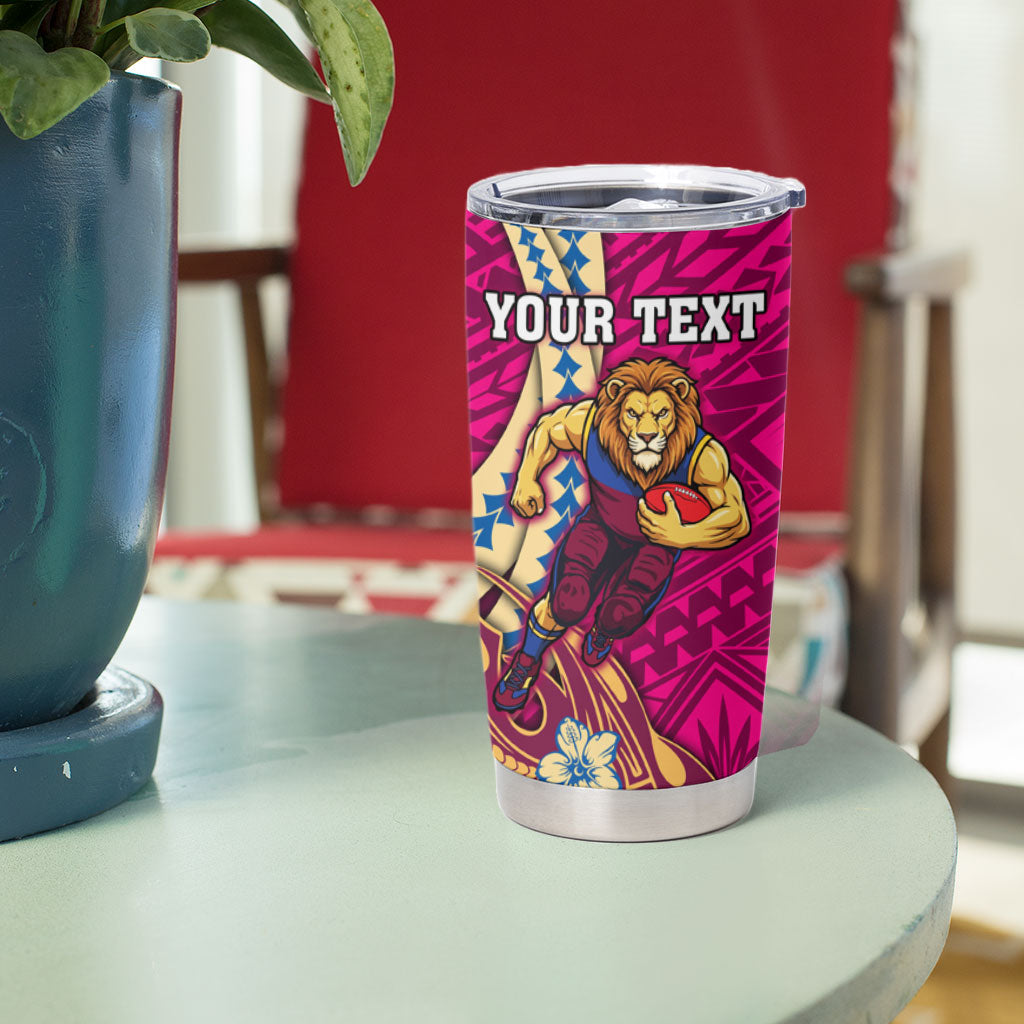 Personalized Brisbane Lions Tumbler Cup Polynesian Tribal Lion Mascot With Hibiscus Floral Art