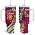 Personalized Brisbane Lions Tumbler With Handle Polynesian Tribal Lion Mascot With Hibiscus Floral Art