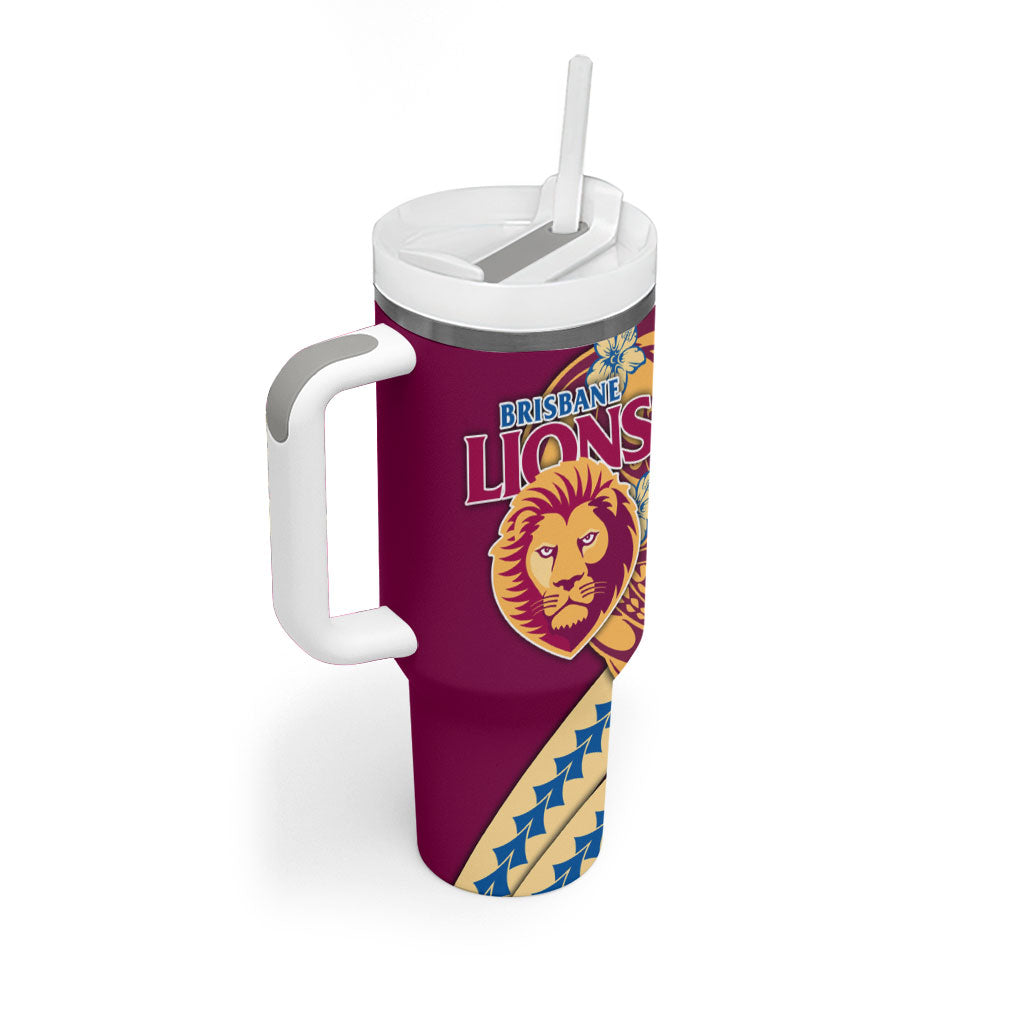 Personalized Brisbane Lions Tumbler With Handle Polynesian Tribal Lion Mascot With Hibiscus Floral Art