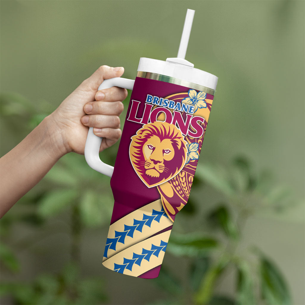 Personalized Brisbane Lions Tumbler With Handle Polynesian Tribal Lion Mascot With Hibiscus Floral Art