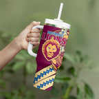 Personalized Brisbane Lions Tumbler With Handle Polynesian Tribal Lion Mascot With Hibiscus Floral Art