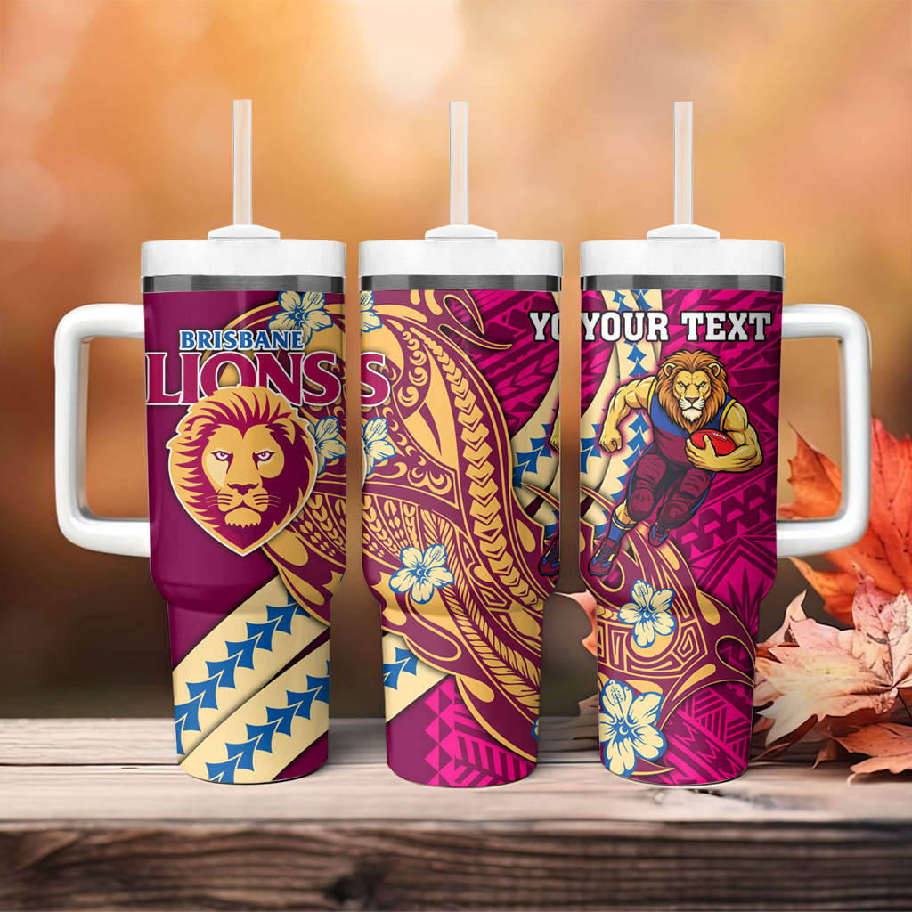 Personalized Brisbane Lions Tumbler With Handle Polynesian Tribal Lion Mascot With Hibiscus Floral Art