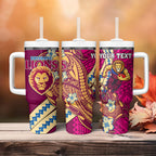 Personalized Brisbane Lions Tumbler With Handle Polynesian Tribal Lion Mascot With Hibiscus Floral Art