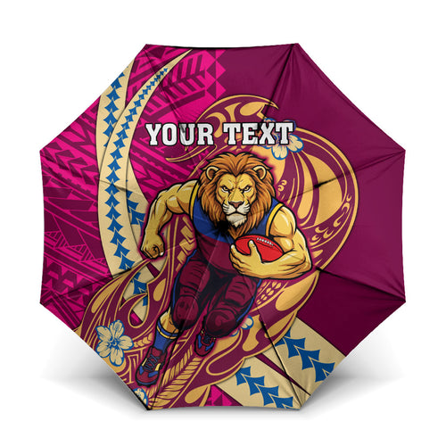 Personalized Brisbane Lions Umbrella Polynesian Tribal Lion Mascot With Hibiscus Floral Art