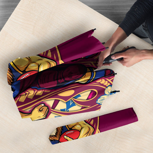Personalized Brisbane Lions Umbrella Polynesian Tribal Lion Mascot With Hibiscus Floral Art