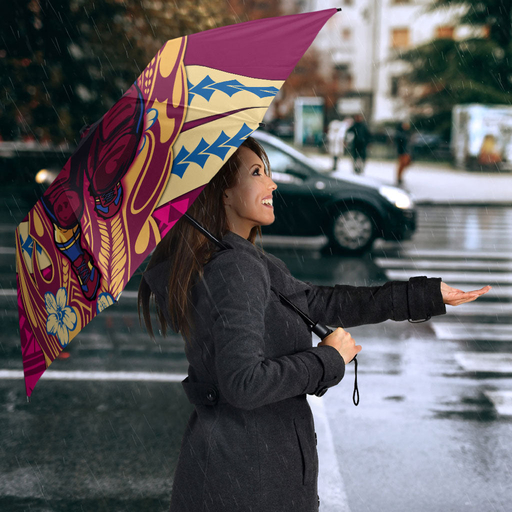 Personalized Brisbane Lions Umbrella Polynesian Tribal Lion Mascot With Hibiscus Floral Art
