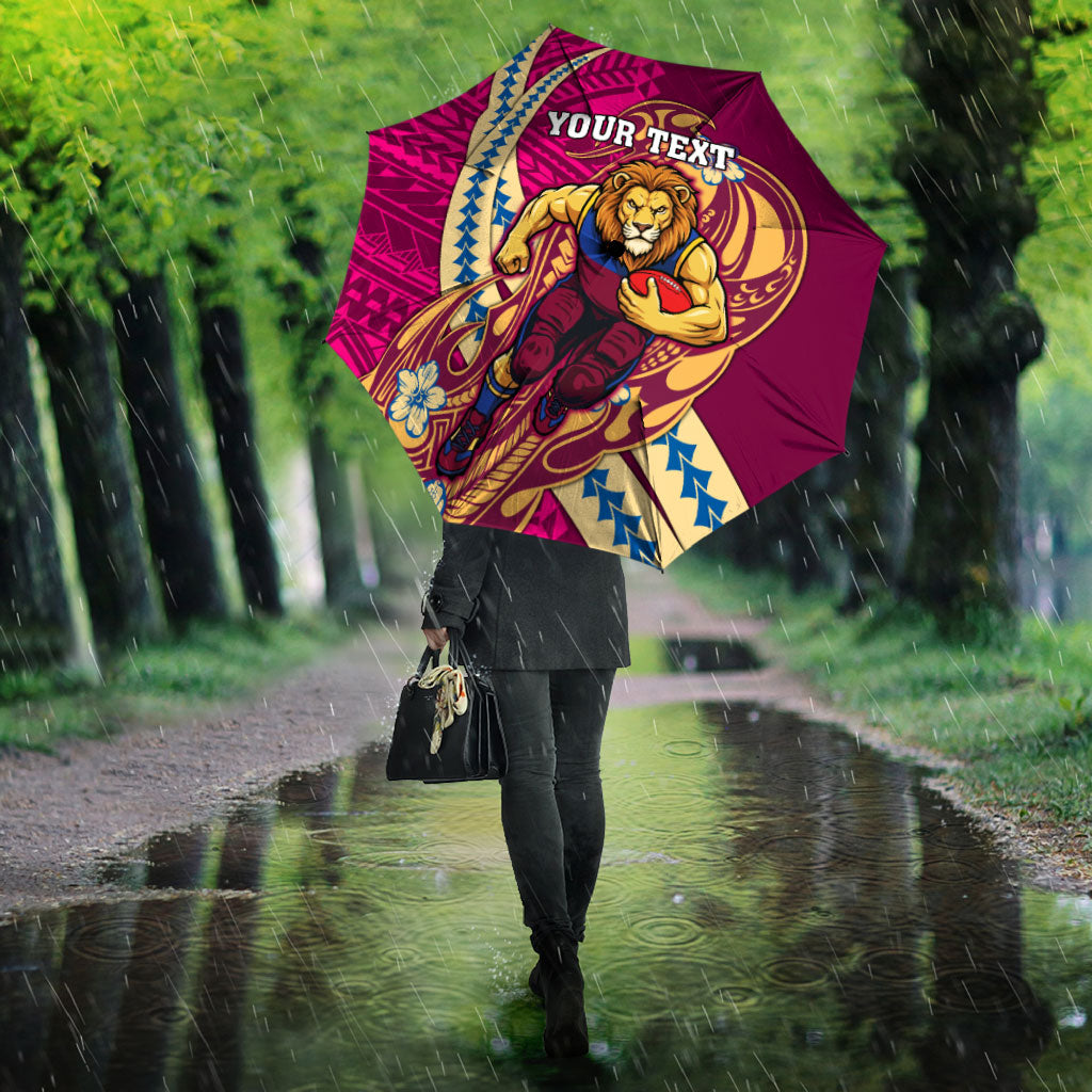 Personalized Brisbane Lions Umbrella Polynesian Tribal Lion Mascot With Hibiscus Floral Art