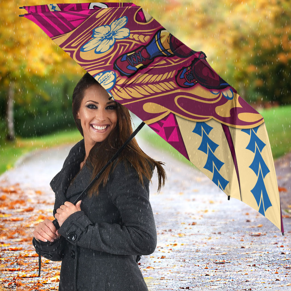 Personalized Brisbane Lions Umbrella Polynesian Tribal Lion Mascot With Hibiscus Floral Art
