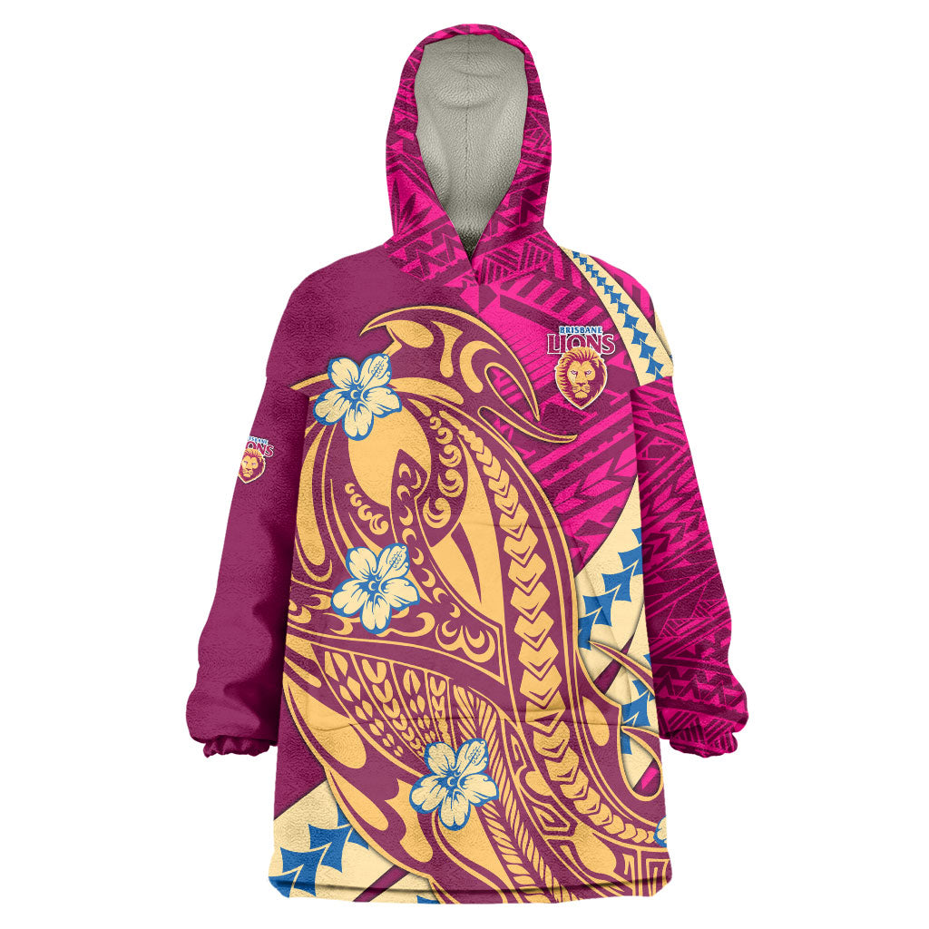Personalized Brisbane Lions Wearable Blanket Hoodie Polynesian Tribal Lion Mascot With Hibiscus Floral Art