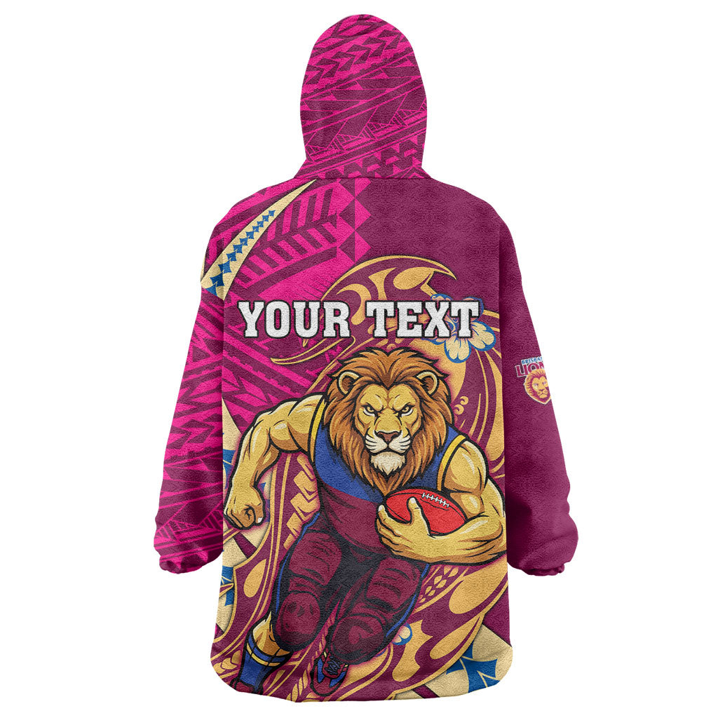 Personalized Brisbane Lions Wearable Blanket Hoodie Polynesian Tribal Lion Mascot With Hibiscus Floral Art