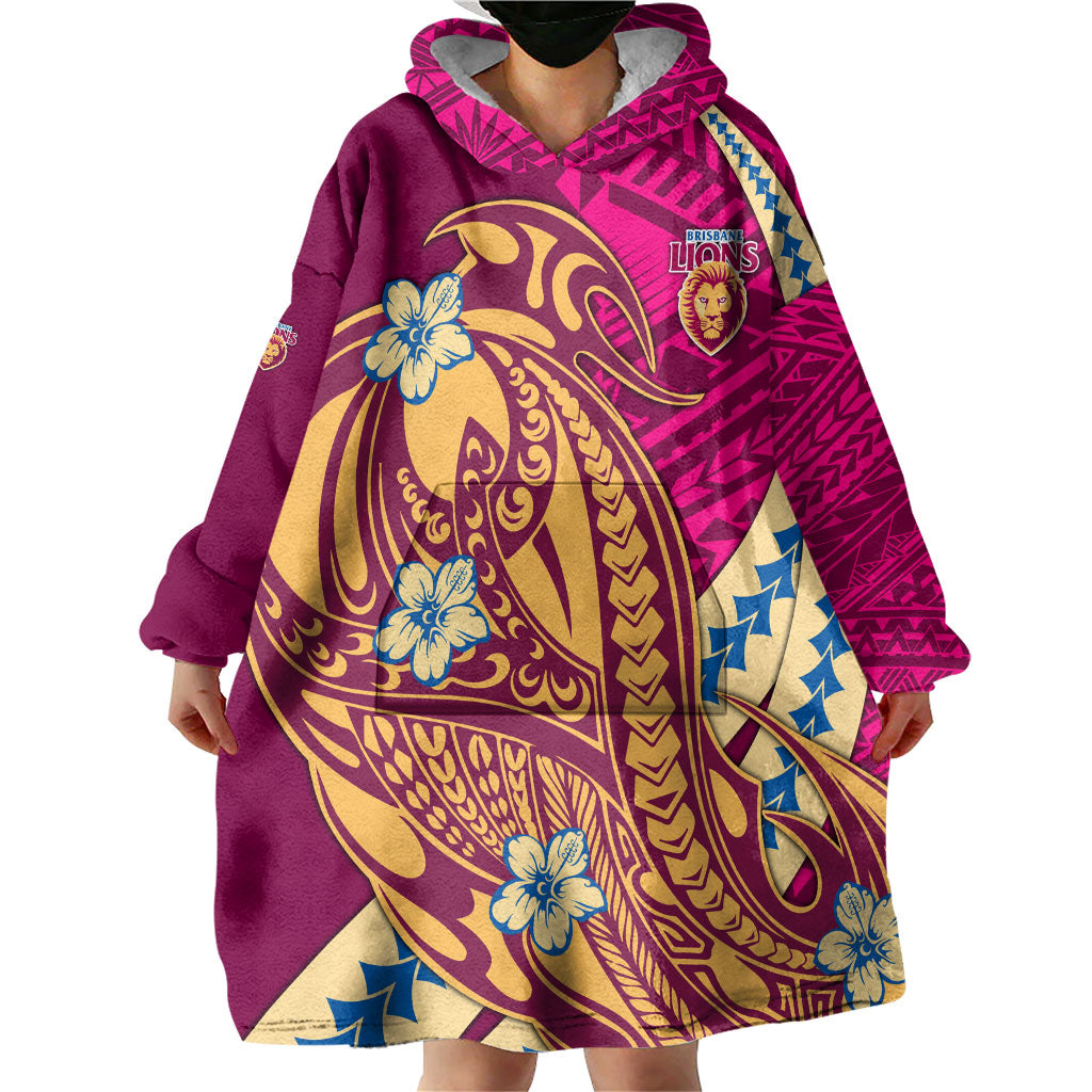 Personalized Brisbane Lions Wearable Blanket Hoodie Polynesian Tribal Lion Mascot With Hibiscus Floral Art