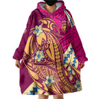 Personalized Brisbane Lions Wearable Blanket Hoodie Polynesian Tribal Lion Mascot With Hibiscus Floral Art