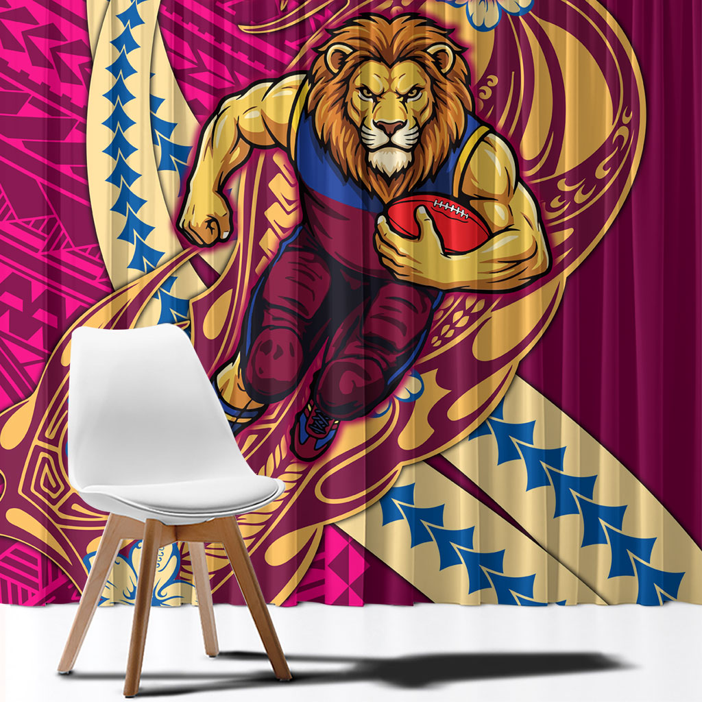 Personalized Brisbane Lions Window Curtain Polynesian Tribal Lion Mascot With Hibiscus Floral Art