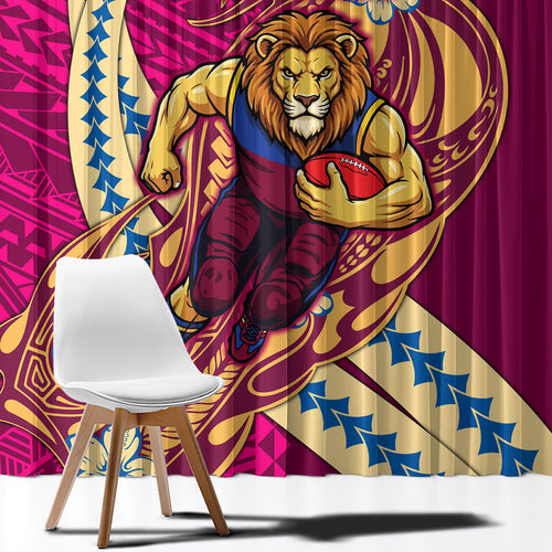 Personalized Brisbane Lions Window Curtain Polynesian Tribal Lion Mascot With Hibiscus Floral Art