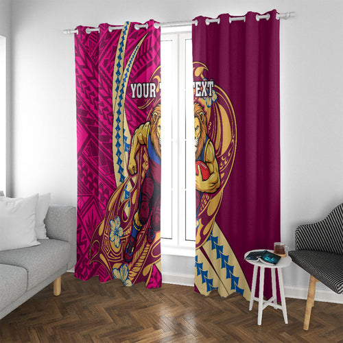 Personalized Brisbane Lions Window Curtain Polynesian Tribal Lion Mascot With Hibiscus Floral Art