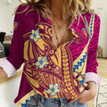 Personalized Brisbane Lions Women Casual Shirt Polynesian Tribal Lion Mascot With Hibiscus Floral Art