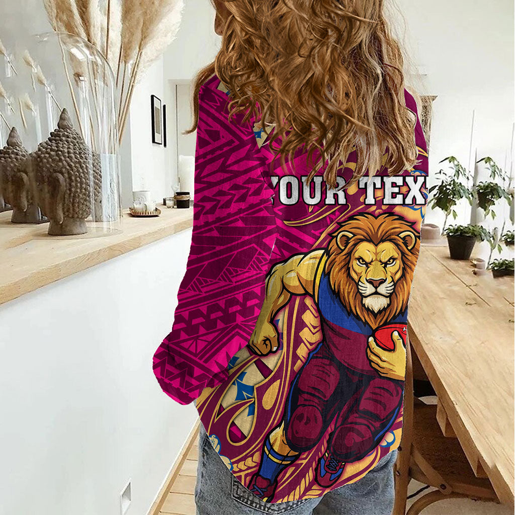Personalized Brisbane Lions Women Casual Shirt Polynesian Tribal Lion Mascot With Hibiscus Floral Art