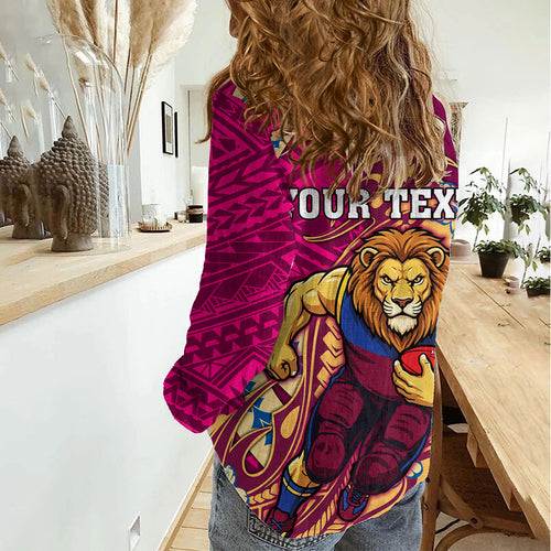 Personalized Brisbane Lions Women Casual Shirt Polynesian Tribal Lion Mascot With Hibiscus Floral Art