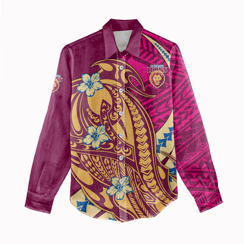 Personalized Brisbane Lions Women Casual Shirt Polynesian Tribal Lion Mascot With Hibiscus Floral Art