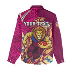 Personalized Brisbane Lions Women Casual Shirt Polynesian Tribal Lion Mascot With Hibiscus Floral Art