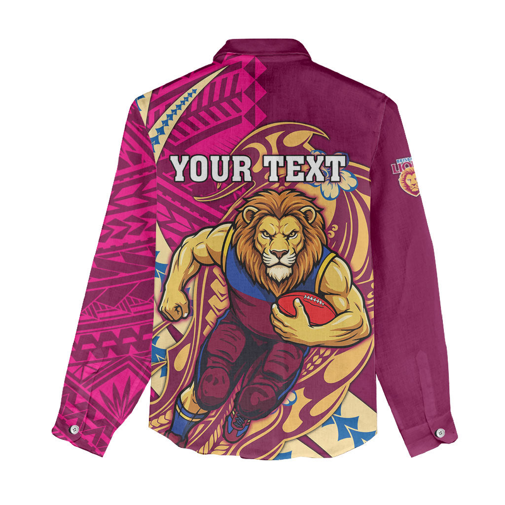Personalized Brisbane Lions Women Casual Shirt Polynesian Tribal Lion Mascot With Hibiscus Floral Art
