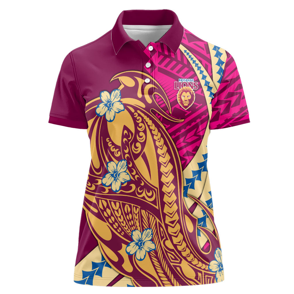 Personalized Brisbane Lions Women Polo Shirt Polynesian Tribal Lion Mascot With Hibiscus Floral Art