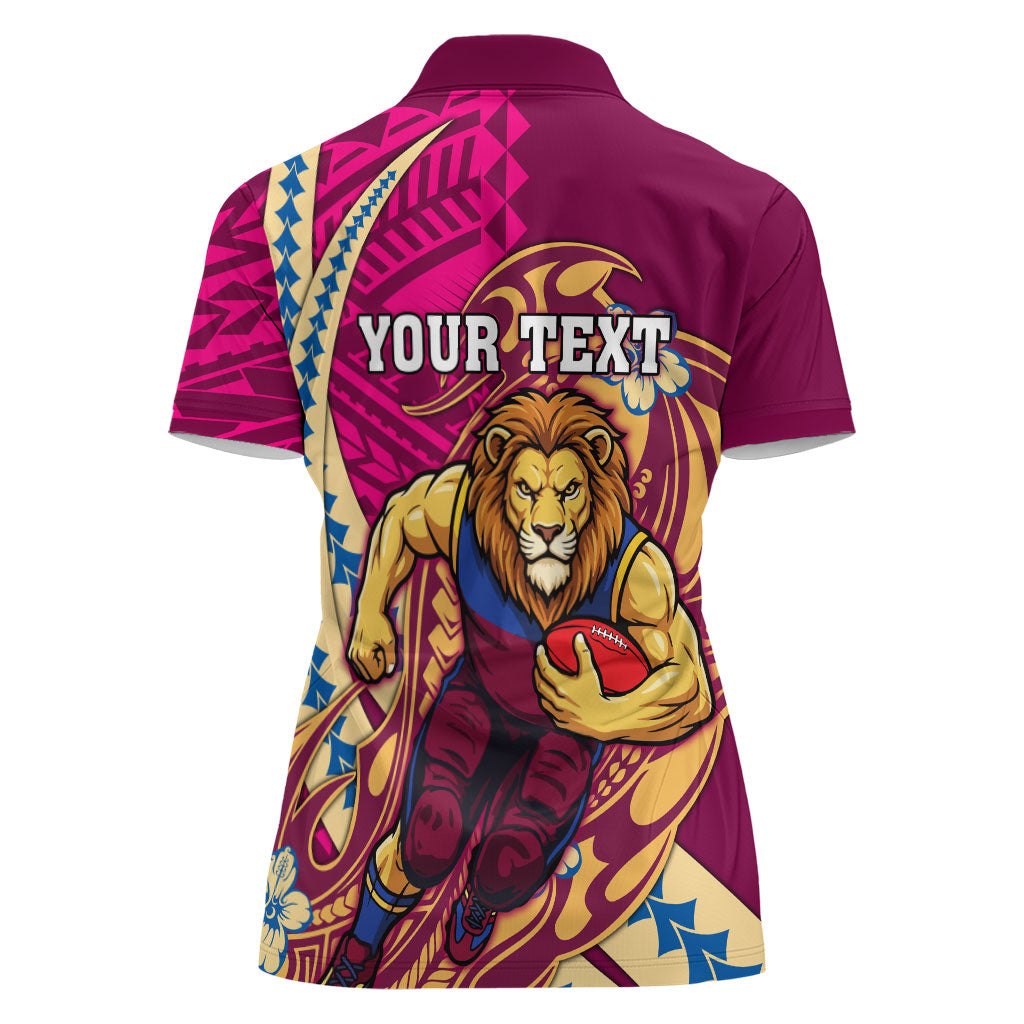 Personalized Brisbane Lions Women Polo Shirt Polynesian Tribal Lion Mascot With Hibiscus Floral Art