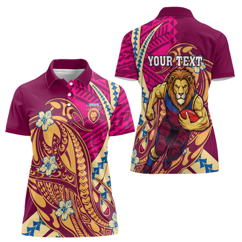 Personalized Brisbane Lions Women Polo Shirt Polynesian Tribal Lion Mascot With Hibiscus Floral Art